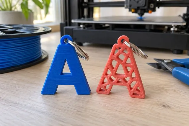 Два брелока-буквы, напечатанные на 3D-принтере: сплошная синяя и ажурная красная